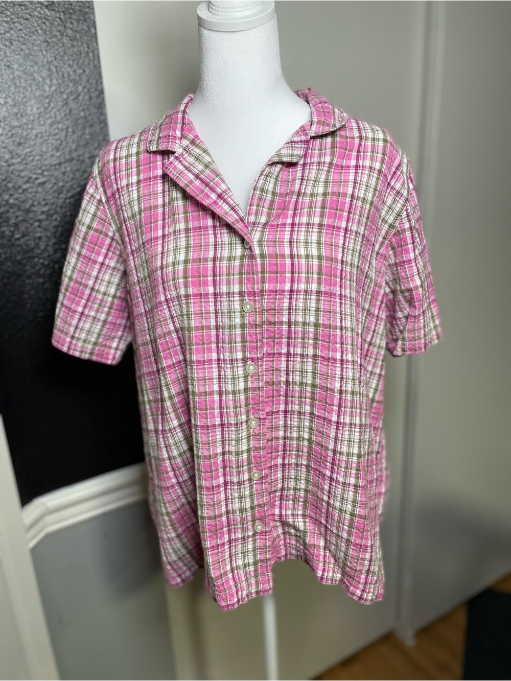 Basic Editions Pink and Olive Plaid Short Sleeve Button-Down Top
